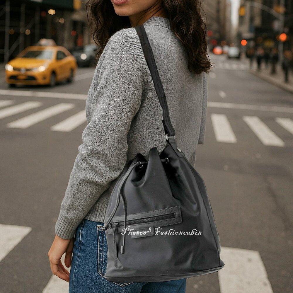 NEW LONGCHAMP Gray Eco Recycled Bucket Bag Drawstring Closure Adjustable Strap